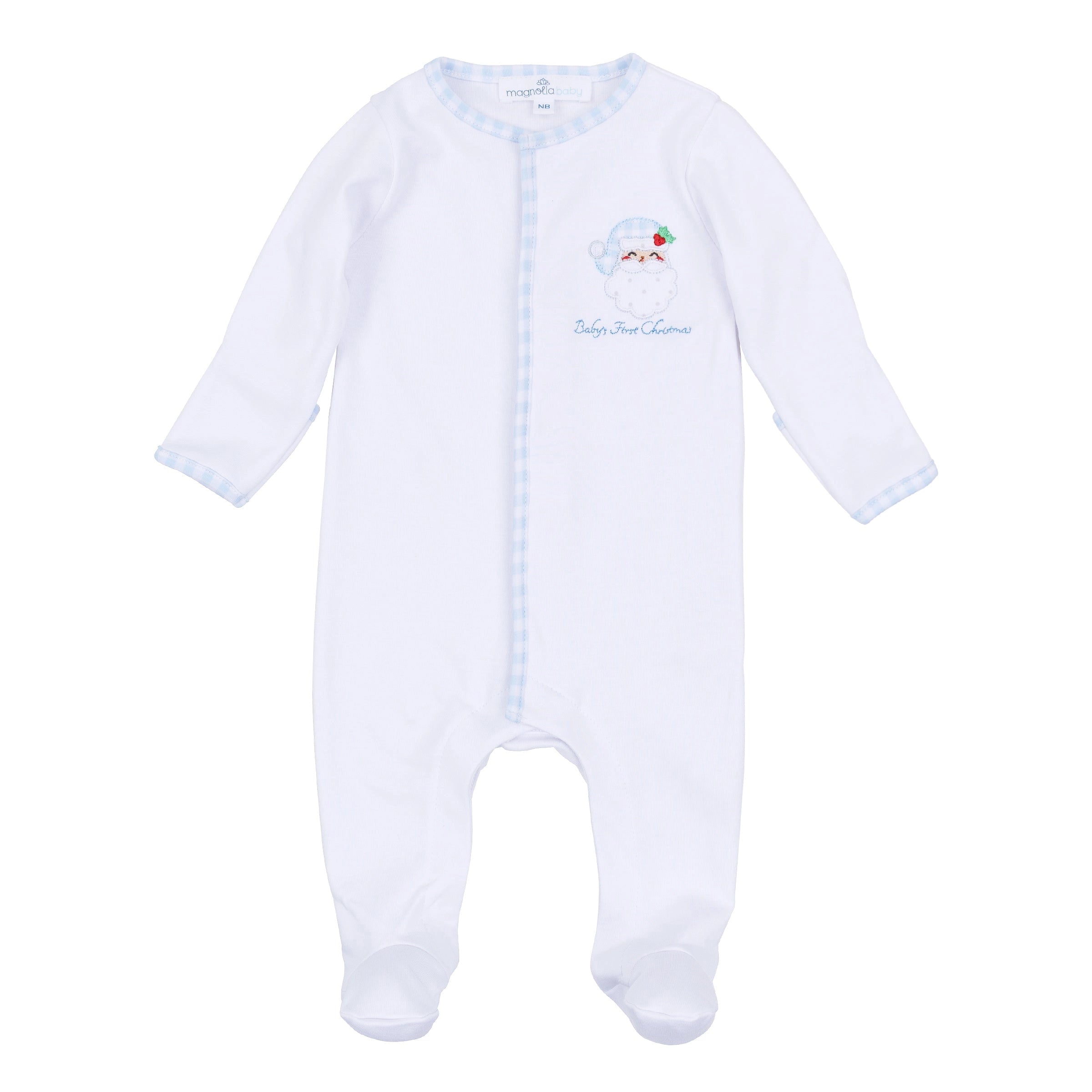 Sweet St Nick Applique Baby's First Christmas Ruffle Footie - Light Blue