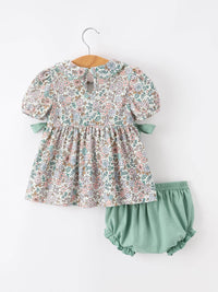 Sage Green Floral Smocked Bloomer Set