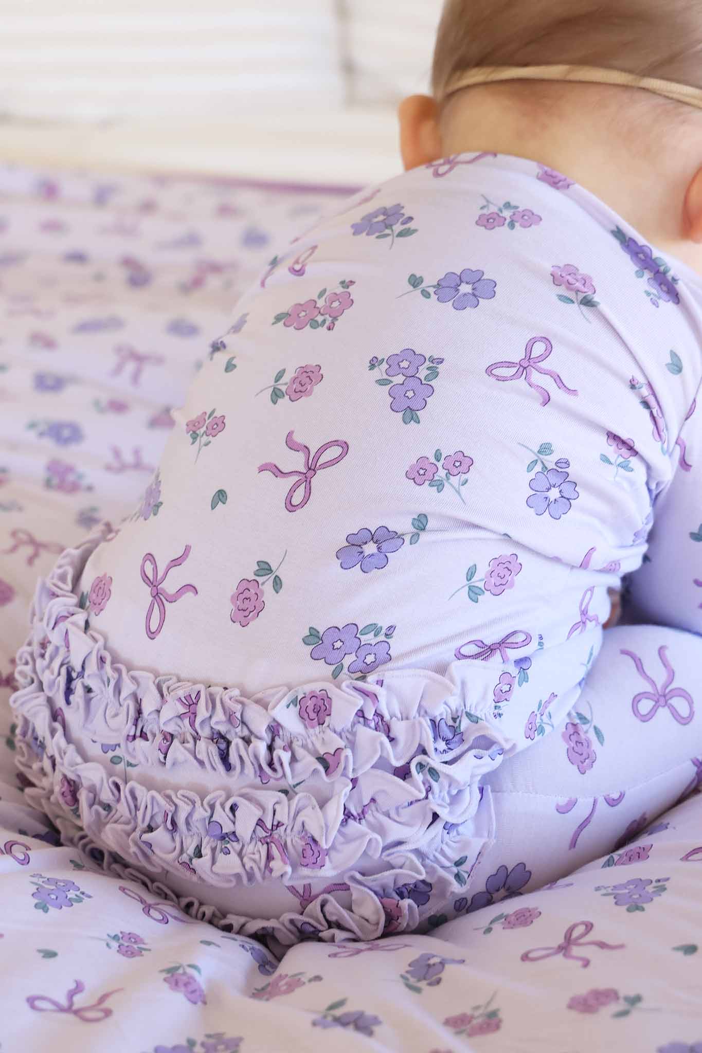 Ribbon & Roses Ruffle Zipper Footie | Purple