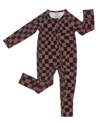 Chocolate Wavy Checkered Bamboo Zip Romper