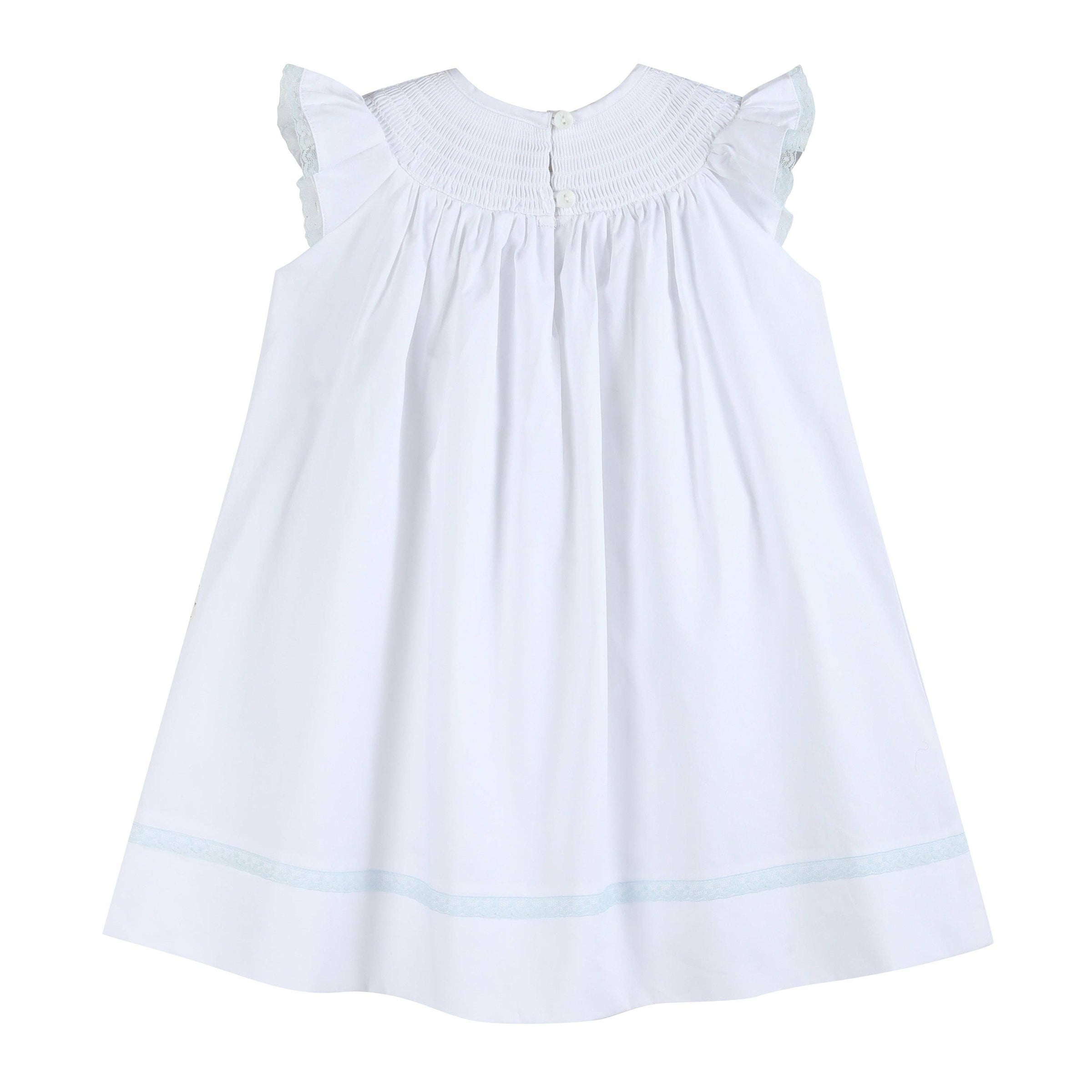 White and Blue Crosses Smocked Bishop Dress