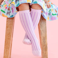 Lilac Striped Scalloped Knee High Socks