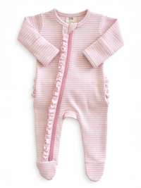 Pink Stripe / Ribbed Frill 2-Way Zip Footie