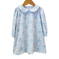 Blue Long Sleeve Christmas Toile Dress