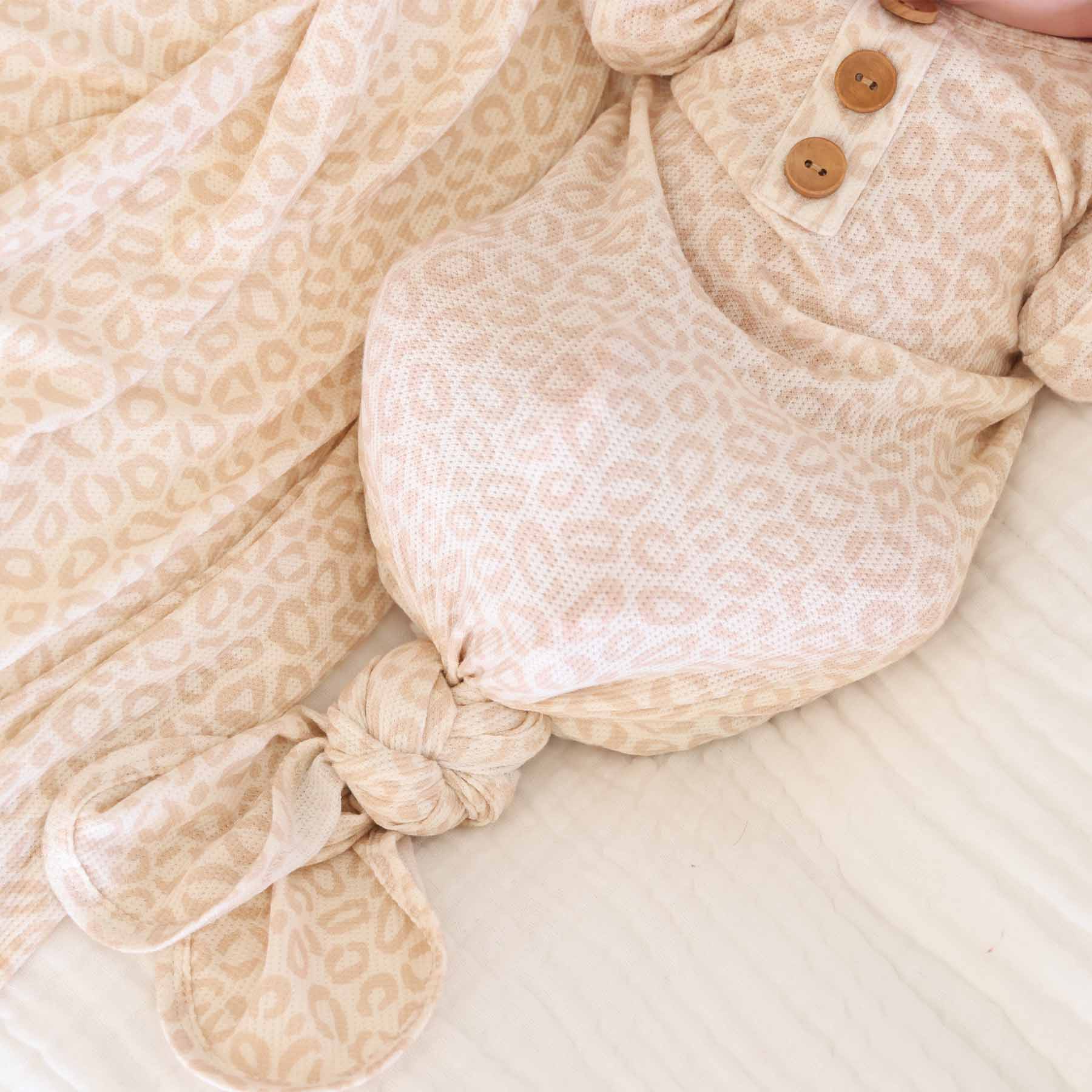 Lovely Leopard Bamboo Waffle Baby Knot Gown & Hat Set