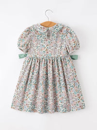 Sage Green Bow Floral Smocked Dress