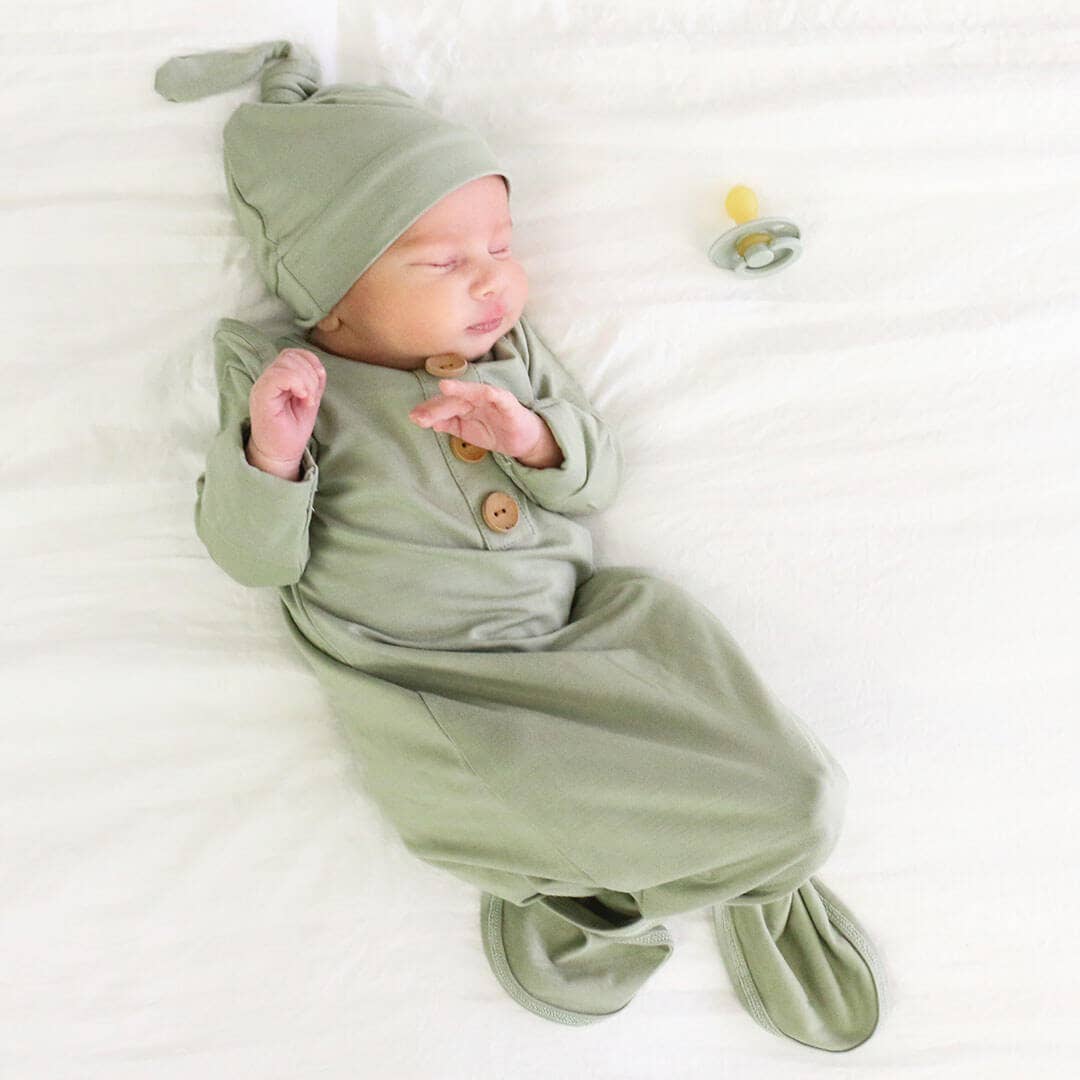 Solid Moss Bamboo Baby Knot Gown & Hat