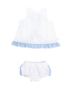 White Swiss Dot & Light Blue Swing Top & Bloomer Set