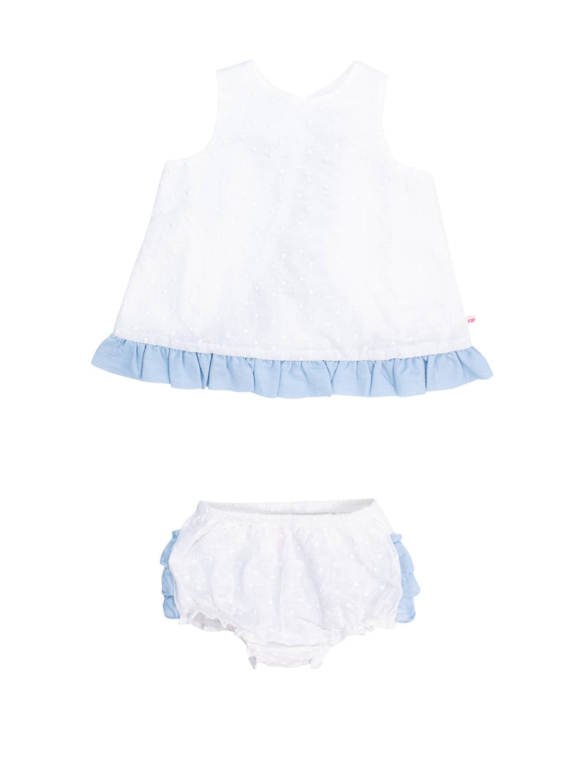White Swiss Dot & Light Blue Swing Top & Bloomer Set