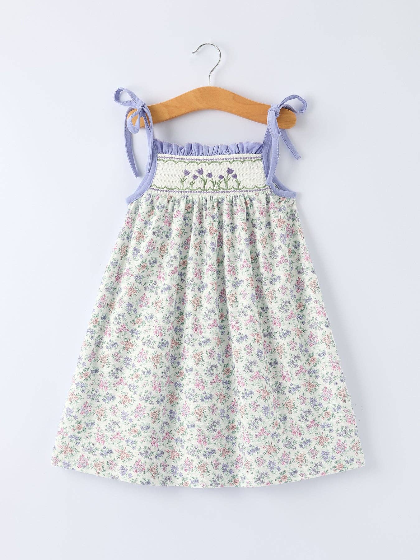 Purple Floral Embroidered Smocked Dress