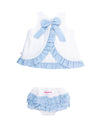 White Swiss Dot & Light Blue Swing Top & Bloomer Set