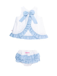 White Swiss Dot & Light Blue Swing Top & Bloomer Set