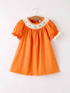 Orange Pumpkin Embroidery Smock Dress