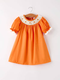 Orange Pumpkin Embroidery Smock Dress