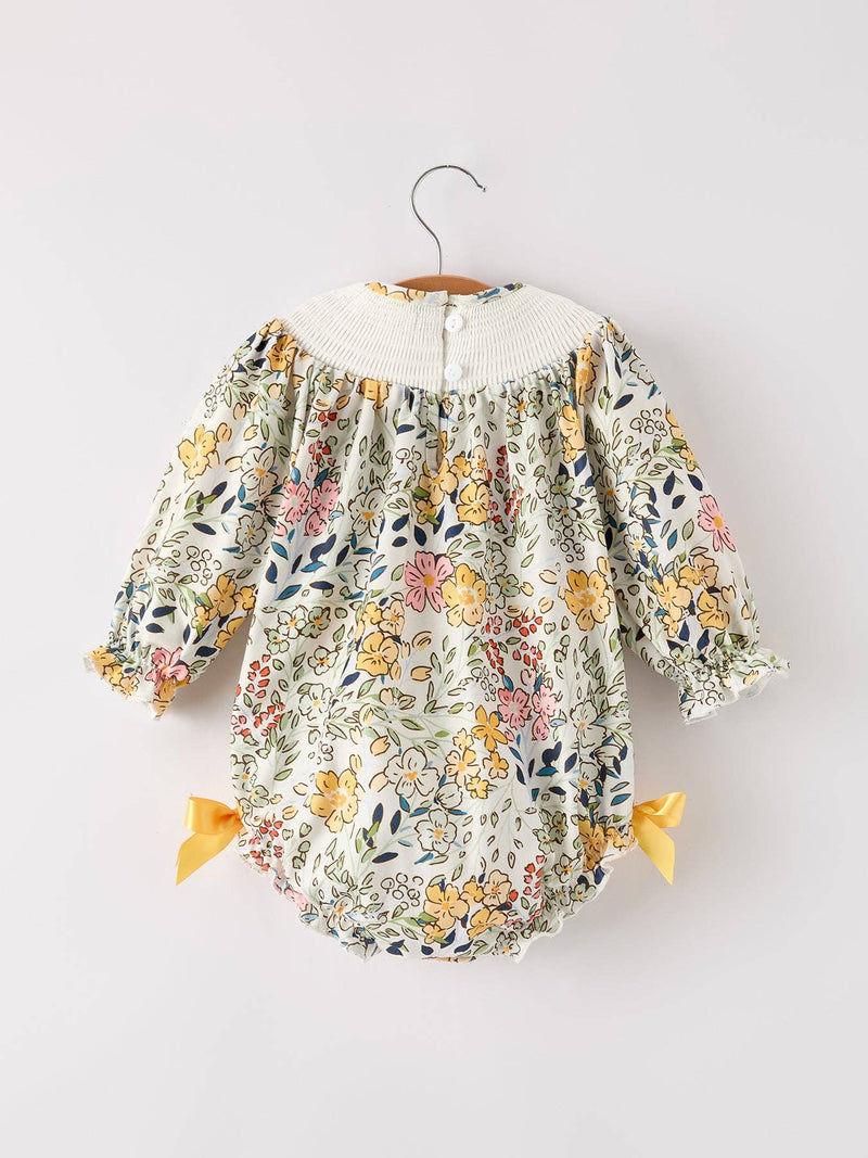 Fall Floral Embroidery Smocked Bubble