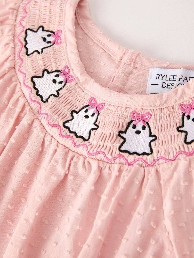 Pink Ghost Embroidery Smocked Bubble