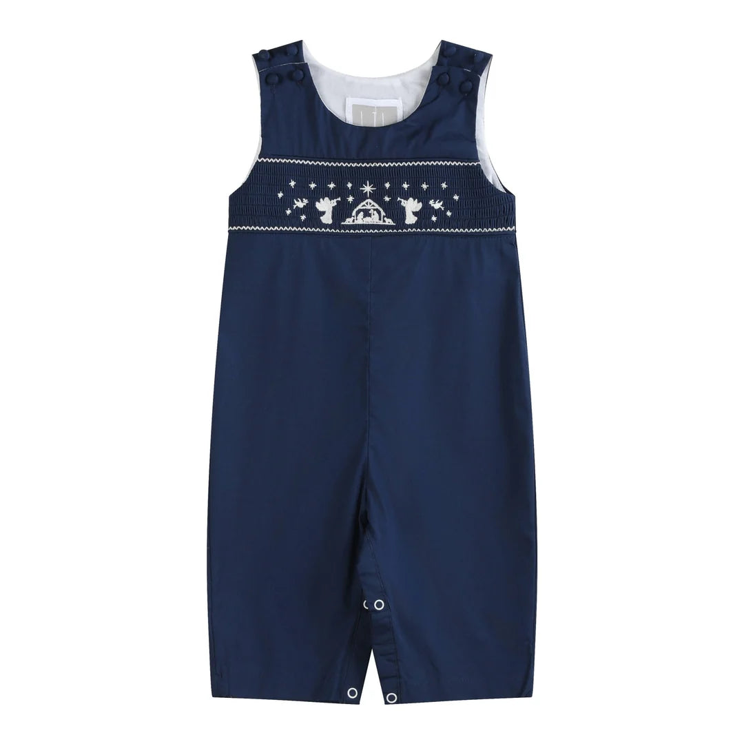 Blue Nativity Smocked Overalls