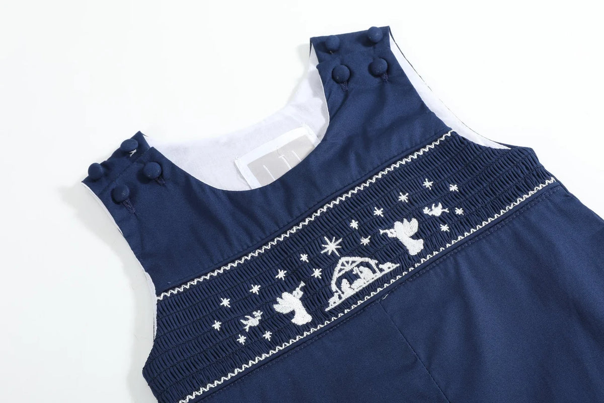 Blue Nativity Smocked Overalls