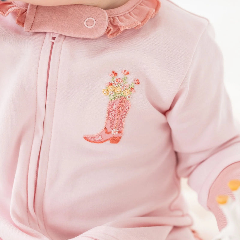 Boots and Blooms Ruffle Zip Footie