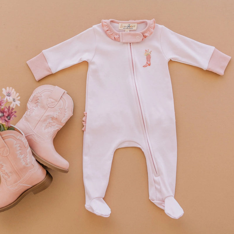 Boots and Blooms Ruffle Zip Footie