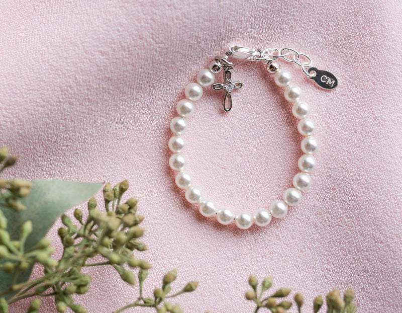 Silver Cross Pearl Baby Bracelet - Lacey