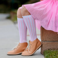 White/Blossom Striped Scalloped Knee High Socks