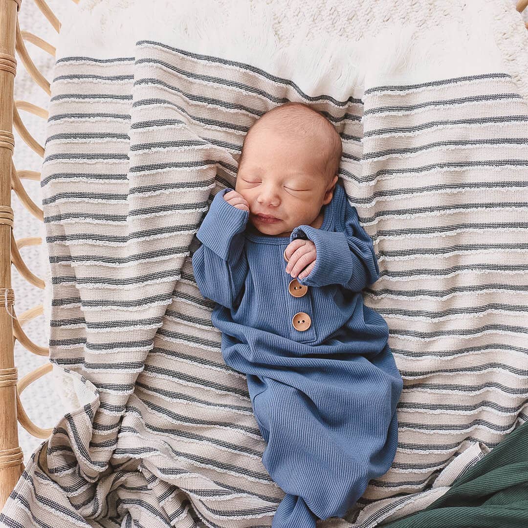 Steel Blue Ribbed Bamboo Baby Knot Gown & Hat