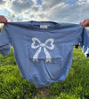 Blue Toile Applique Bow Sweatshirt Bubble Romper
