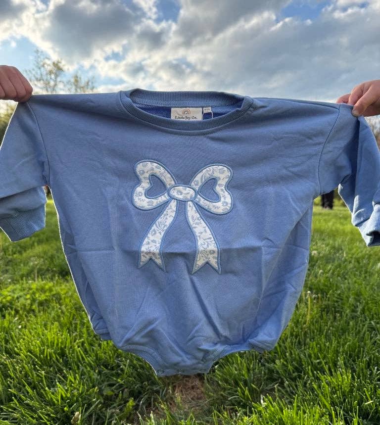 Blue Toile Applique Bow Sweatshirt Bubble Romper