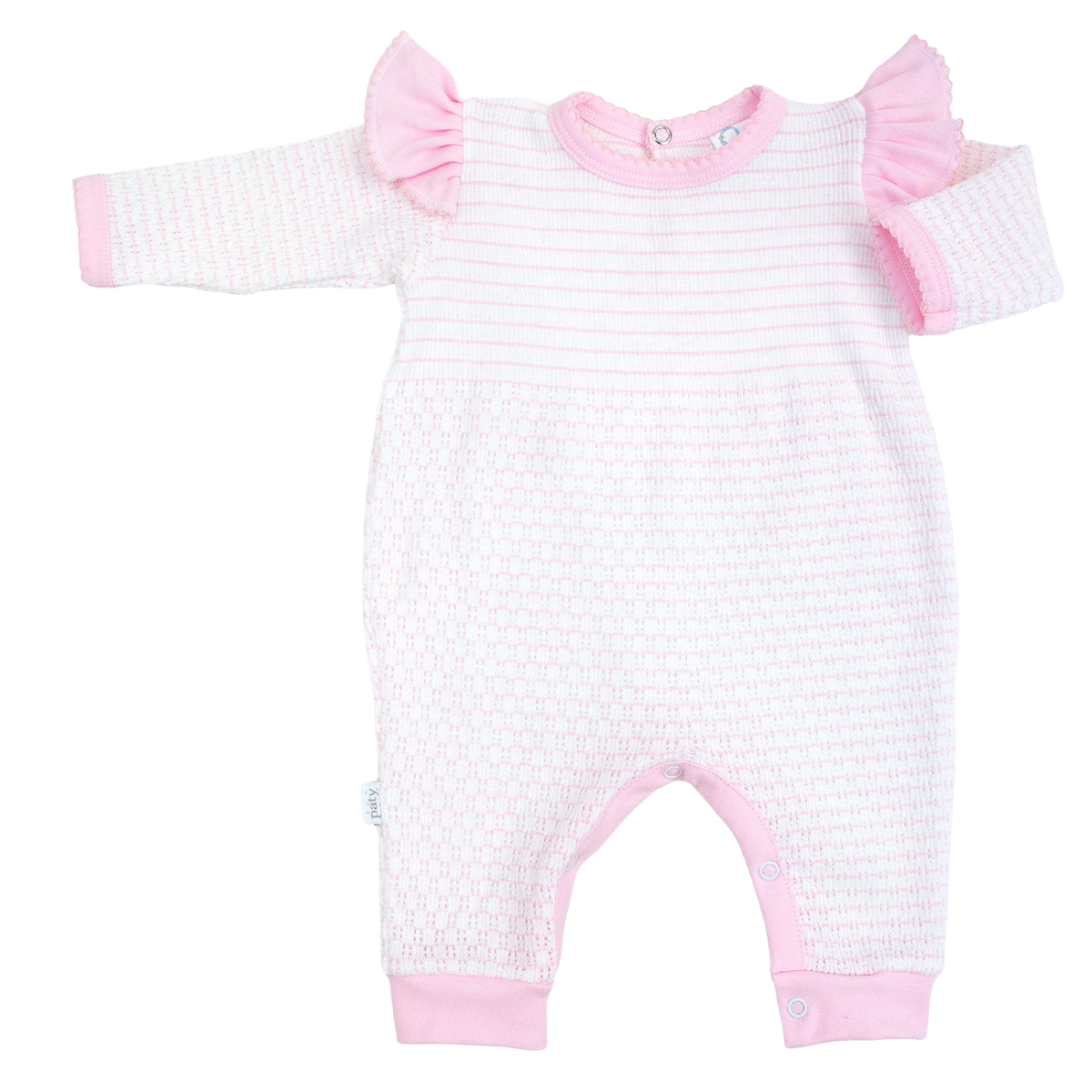 Paty Knit Long Sleeve Pinstripe Romper with Ruffle Shoulder Trim