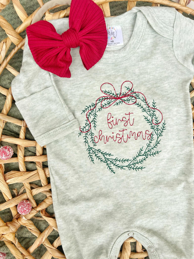 Baby Romper | Sage Green First Christmas Wreath Outfit