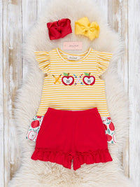 Striped Embroidered Apples Pencils & Ruffle Outfit
