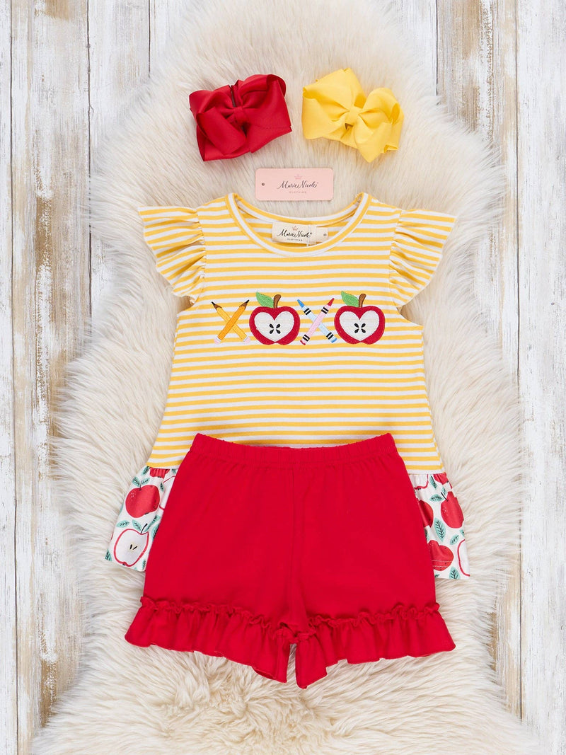 Striped Embroidered Apples Pencils & Ruffle Outfit