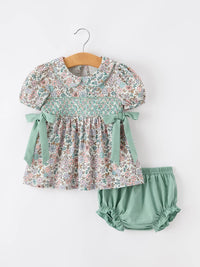 Sage Green Floral Smocked Bloomer Set