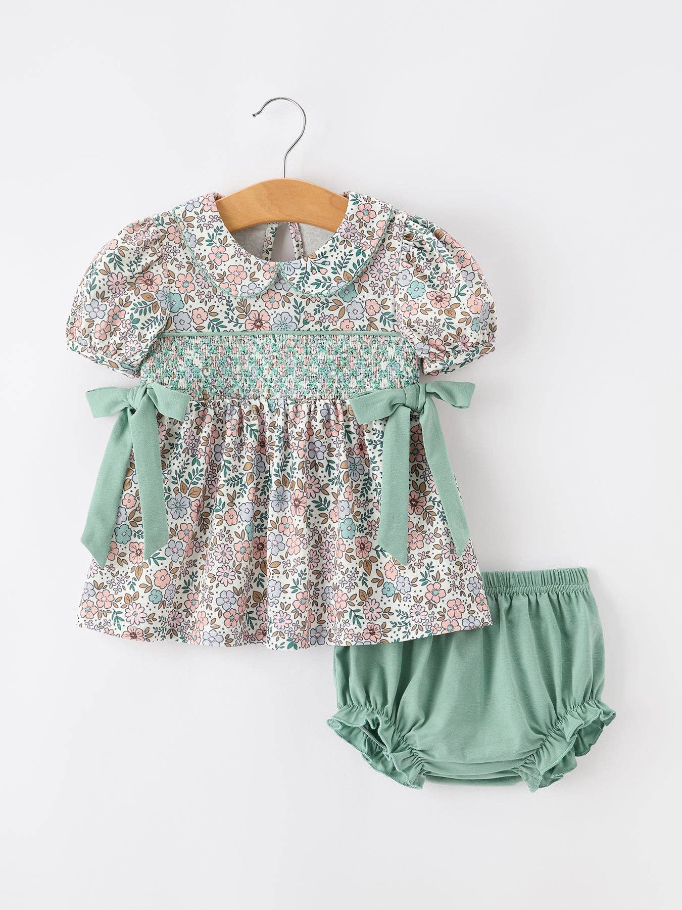 Sage Green Floral Smocked Bloomer Set