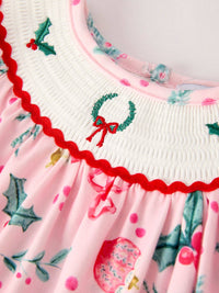Holly Christmas Embroidery Smocked Bubble