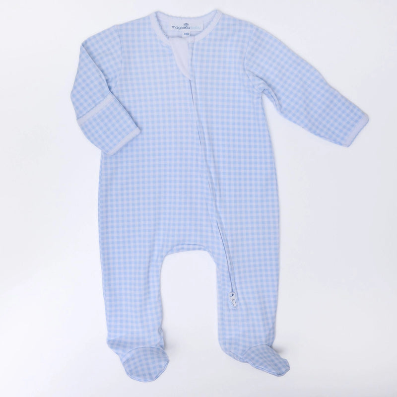 Mini Checks Zipper Footie - Light Blue
