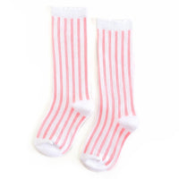 White/Blossom Striped Scalloped Knee High Socks