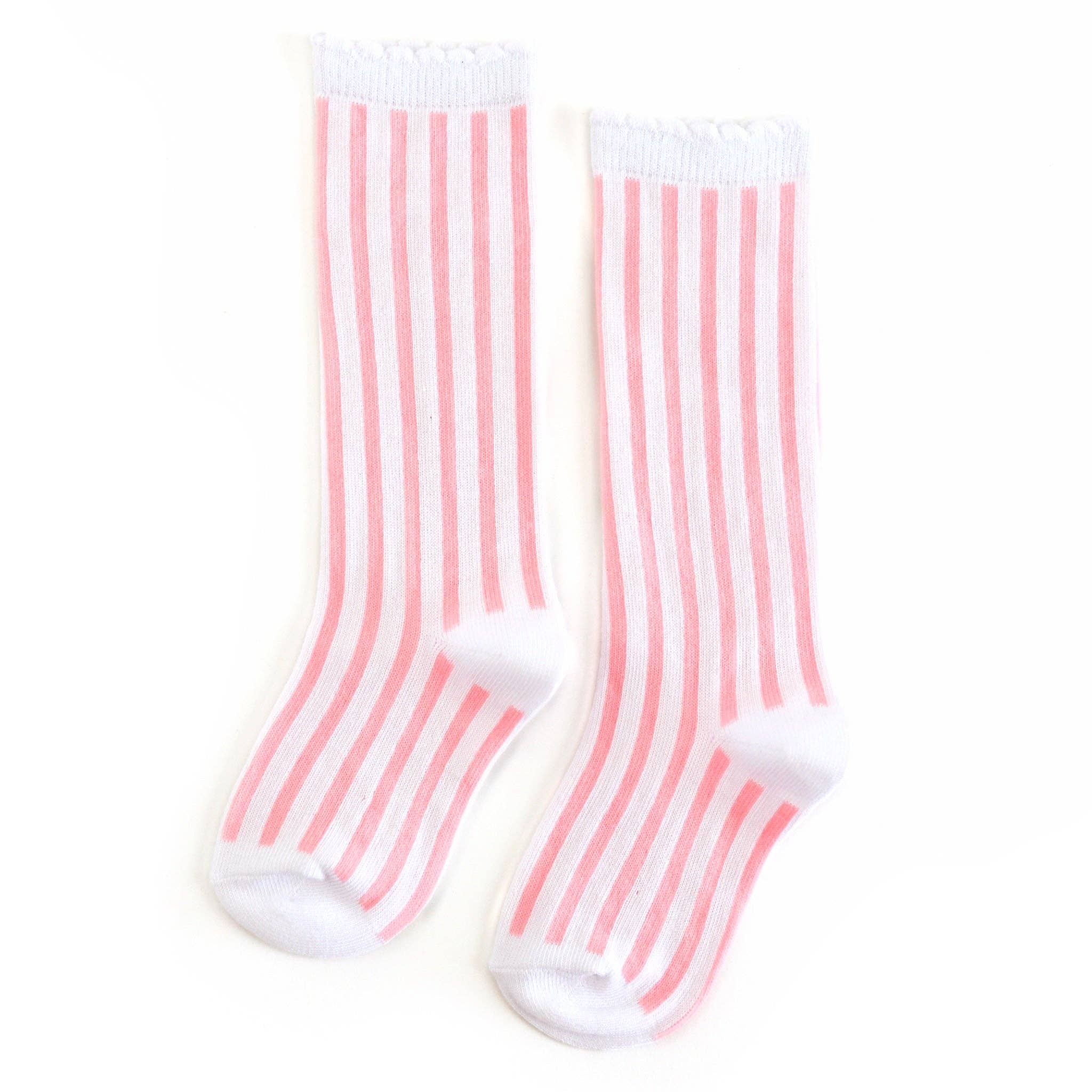 White/Blossom Striped Scalloped Knee High Socks