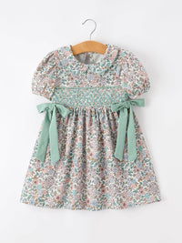 Sage Green Bow Floral Smocked Dress