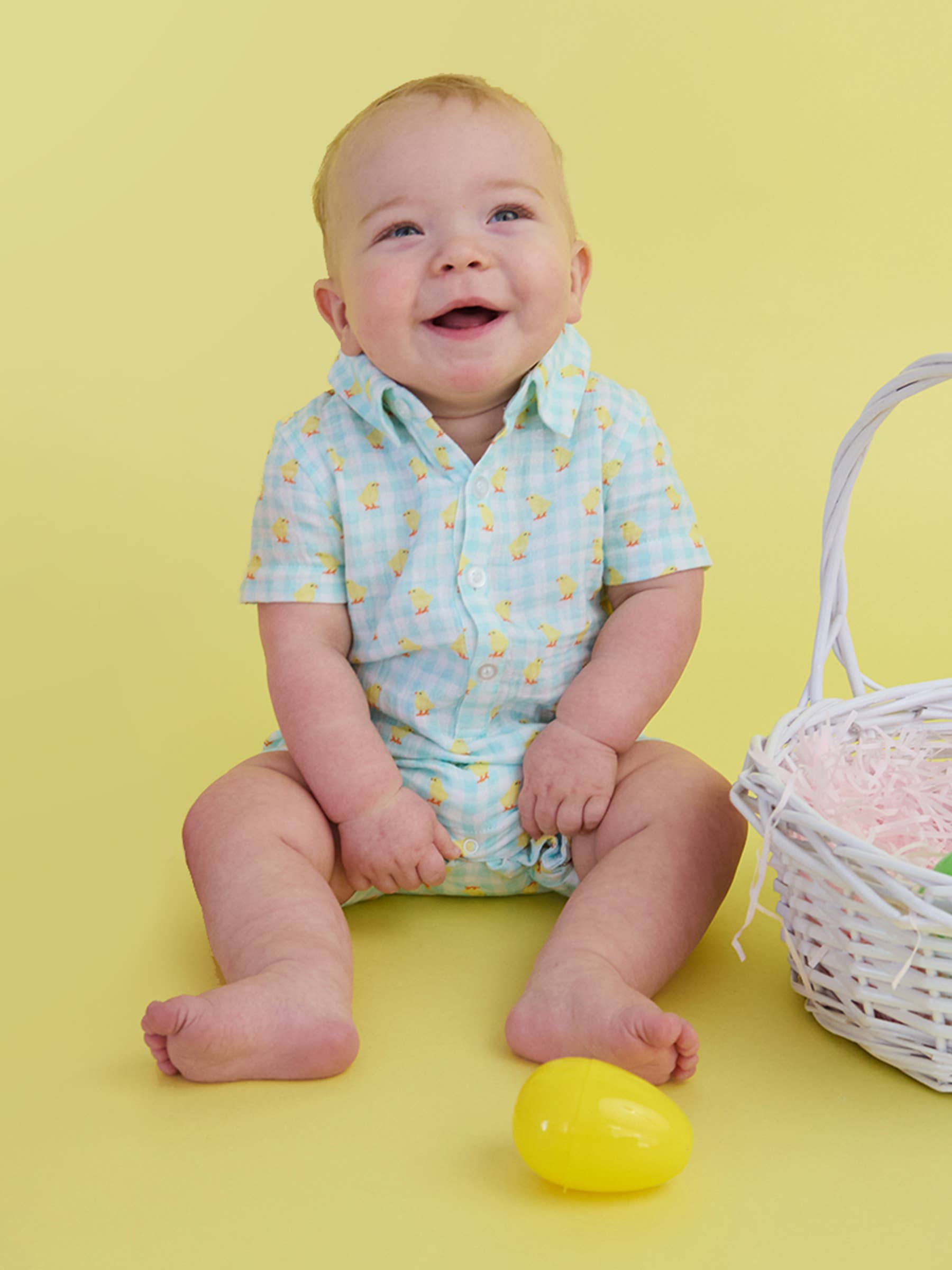 Boys Chirping Chicks Gingham Gauze Button-Up Romper