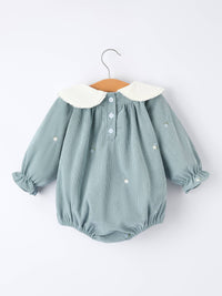 Blue Embroidered Long Sleeve Romper
