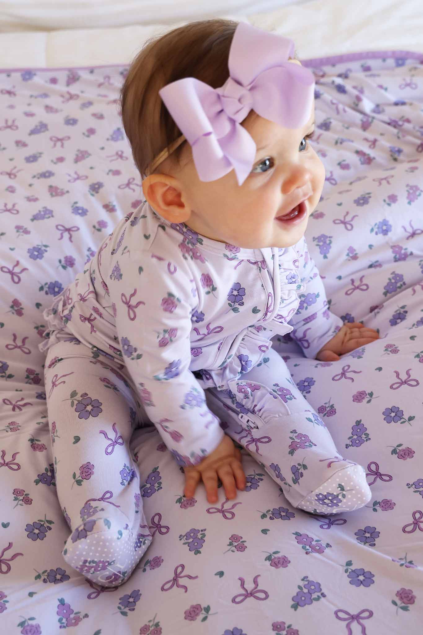 Ribbon & Roses Ruffle Zipper Footie | Purple