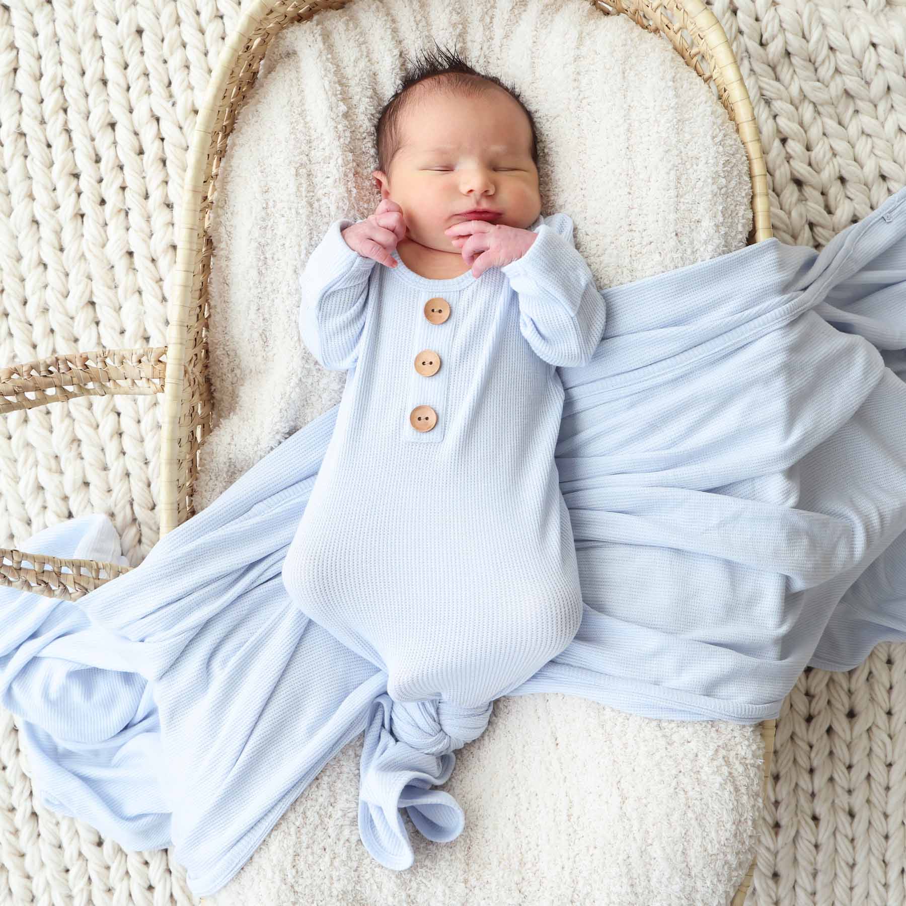 Ice Blue Bamboo Waffle Newborn Baby Knot Gown & Hat Set