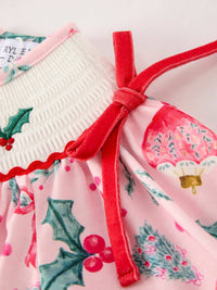 Holly Christmas Embroidered Smocked Dress
