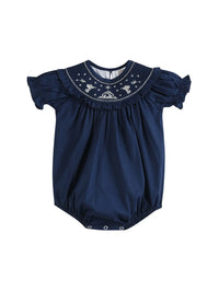 Blue Nativity Smocked Ruffle Bubble Romper
