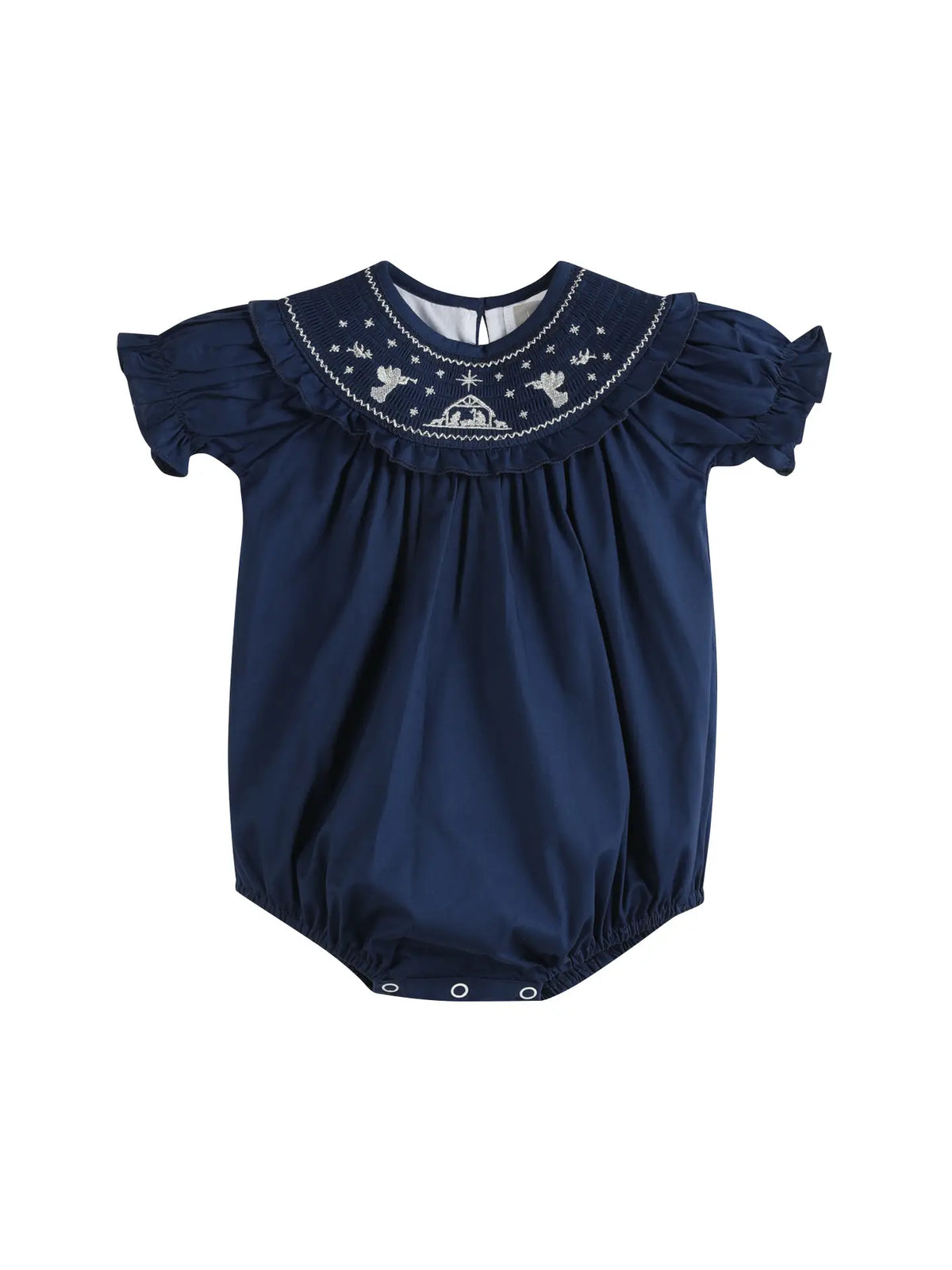 Blue Nativity Smocked Ruffle Bubble Romper