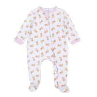 Sweet Golden Print Ruffle Zip Footie - Pink