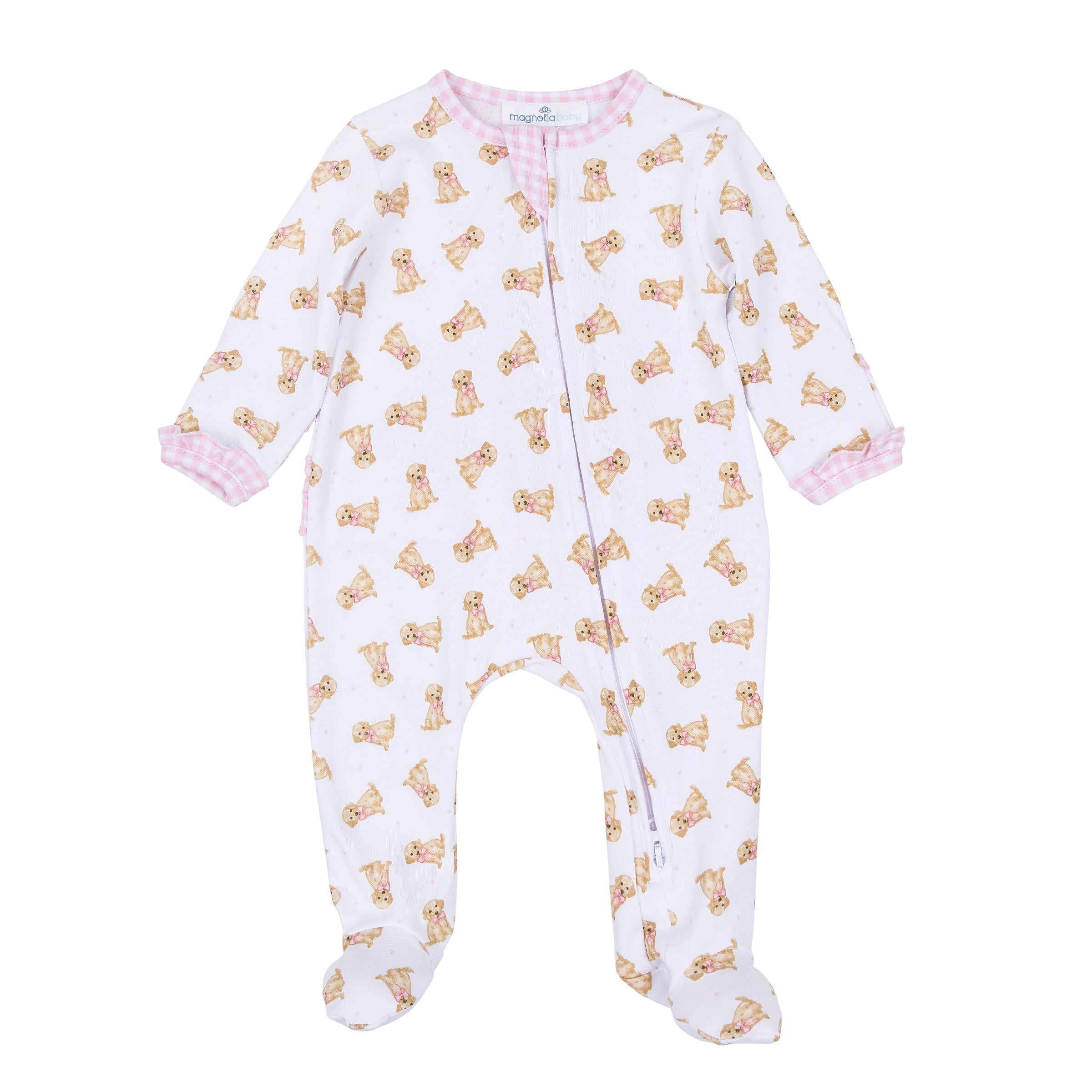 Sweet Golden Print Ruffle Zip Footie - Pink