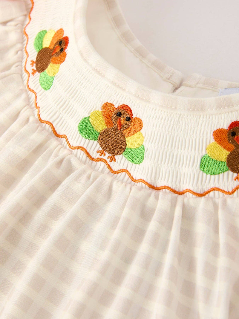 Plaid Turkey Embroidery Smocked Dress
